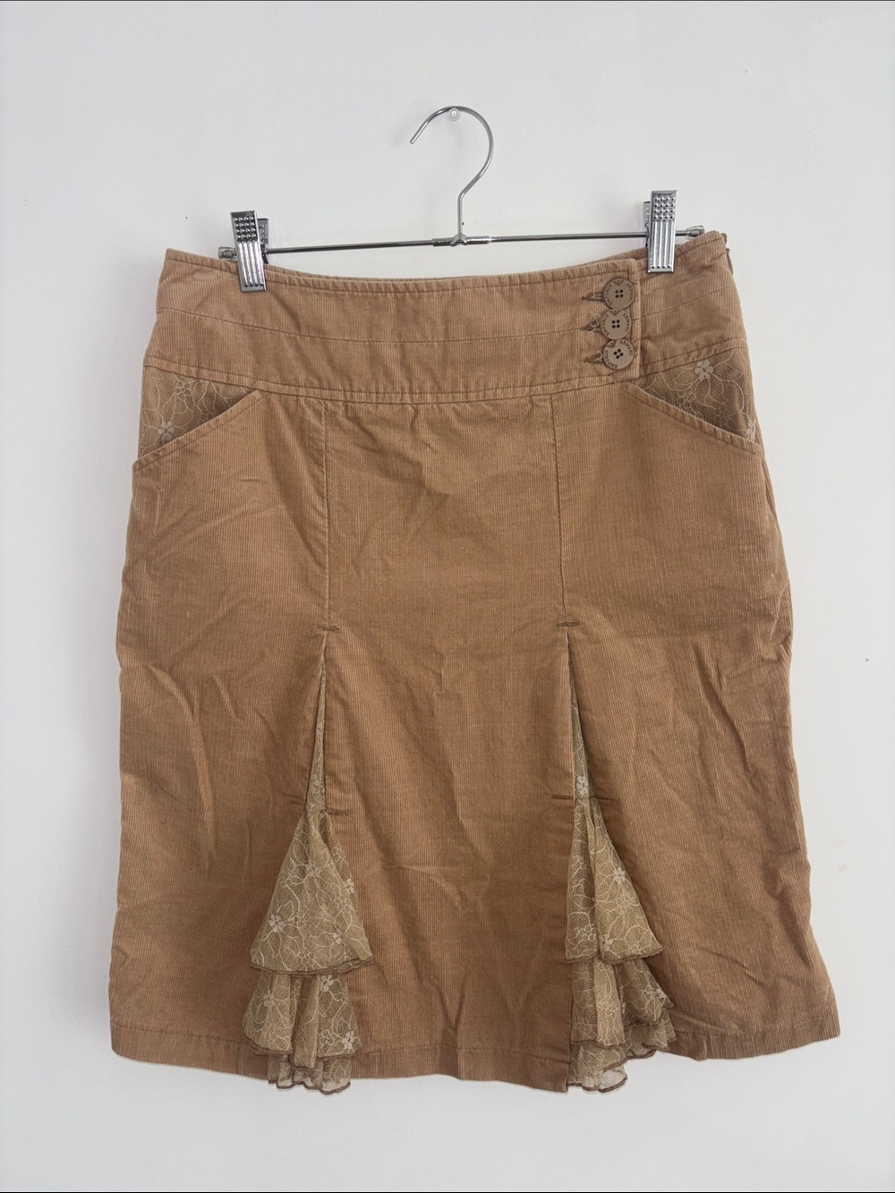 Emporio Armani Tan Corduroy A-Line Skirt with Lace Panels